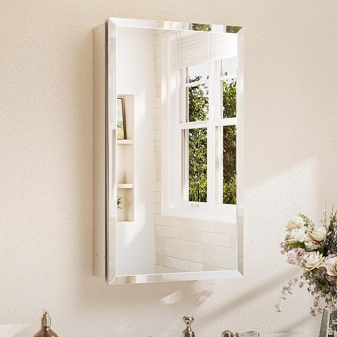 TETOTE 15 x 26 Bathroom Mirror with Storage with Tempered Beveled Mirror Silver Medicine Cabinet Aluminum Cabinet DTC Hinges, Stepless Adjustable Shelves, Recessed/Surface-Mounted