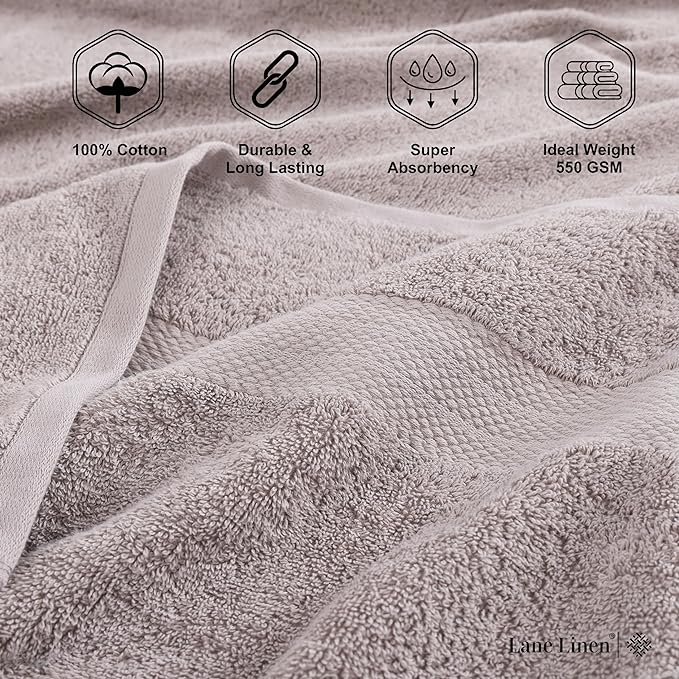 LANE LINEN 100% Mercerized Cotton Bathroom Towel Set - 16 Pcs - Ring Spun, Fluffy, Soft & Highly Absorbent - 4 Bath, 8 Washcloths, 4 Hand Towels - Avaialable in Wide Variety of Colours - Platinum