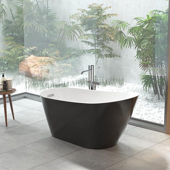 ‎59 Inch Acrylic Freestanding Bathtub, Bathtub with Matte Drain and Overflow, Modern Square Tub with Deep Ergonomic Design and Double-Walled Insulation, Double-Walled Insulation, cUPC Certified