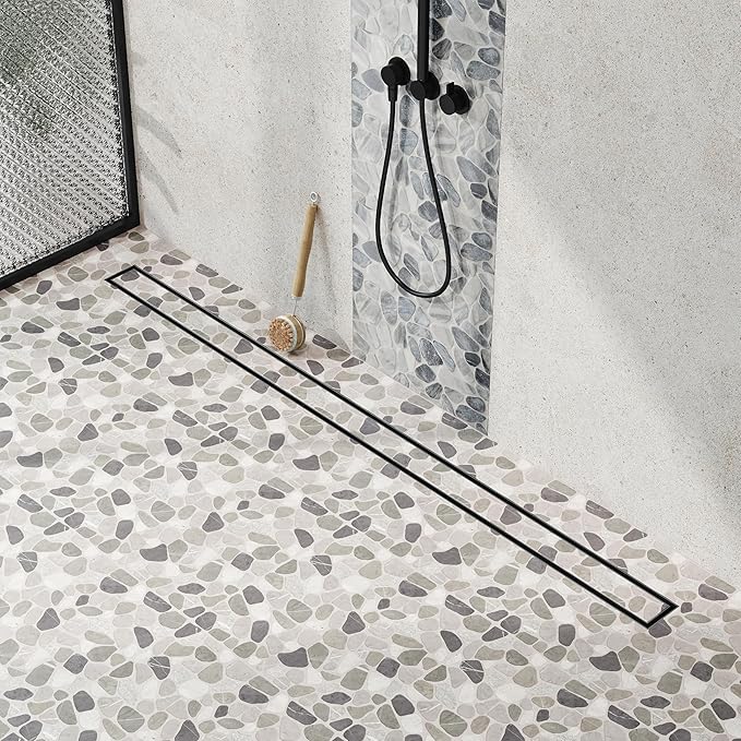 Neodrain 48-Inch Linear Shower Drain with Tile Insert Grate, Matte Black 304 Stainless Steel Rectangle Shower Floor Drain, Linear Drain with Leveling Feet, Hair Strainer