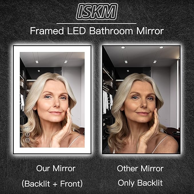 ISKM Framed LED Mirror for Bathroom 32"x24", Dimmable LED Bathroom Mirror with Lights, Anti-Fog, Front and Backlit Lighted Mirror 3-Colors, Shatterproof, Memory Function